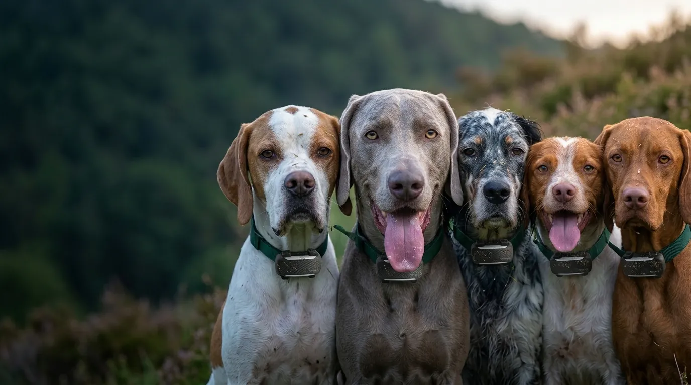 Cinco perros de muestra (pointer, braco de Weimar, setter, bretón y vizsla) con su collar GPS, mirando a cámara después de una jornada de monte